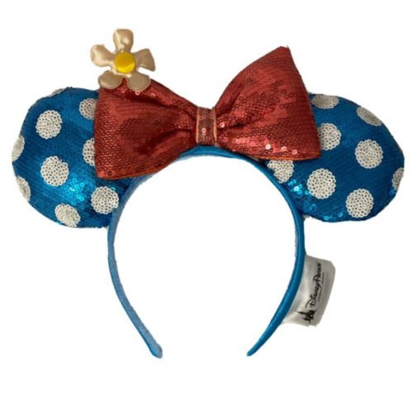 Disney Accessories - Disney Parks Blue White Polka Dot Sequin Minnie Ears Headband Flower Mickey Cute